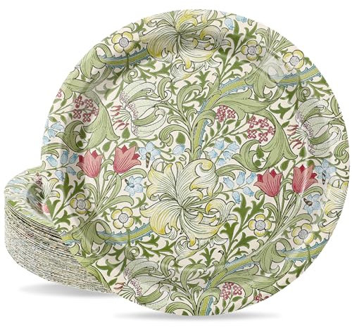 Generic AnyDesign 50Pcs William Morris Paper Plates Green Retro Floral Greenery Disposable Plates 9 Inch Wildflower Dinner Plates for Wedding Bridal Shower Birthday Party Supplies