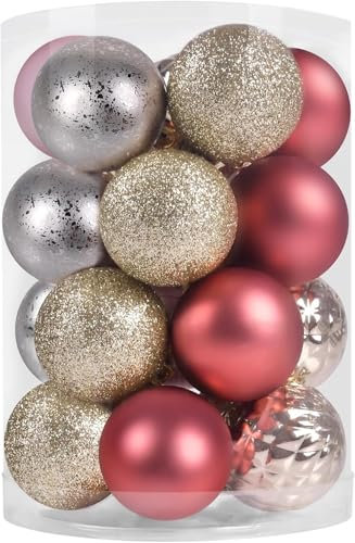 Beinhome Weihnachtskugeln 20 TLG.4cm Christbaumkugeln Weihnachtsbaumschmuck Mit Schlüsselband Bruchsicher Plastik Weihnachten Deko mit Anhänger für Party Weihnachtsdeko Rosa Gold Silber