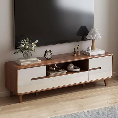 TV-Ständer aus Holz, TV-Konsole, Entertainment-Center mit Kabellöchern, Schrankbeine aus Massivholz, moderner TV-Tisch mit 2 Schubladen und 2 Schranktüren, keine Installation erforderlich (eine Farbe