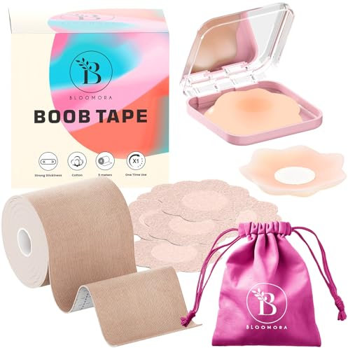 BLOOMORA Boob Tape – Tit Tape with Silicone Nipple Covers | Boobtapes Large Breasts | Invisible Breast Tape for Women | Bra Tape for Strapless Dress | Beige Boobie Tape | Numerous Accessories included