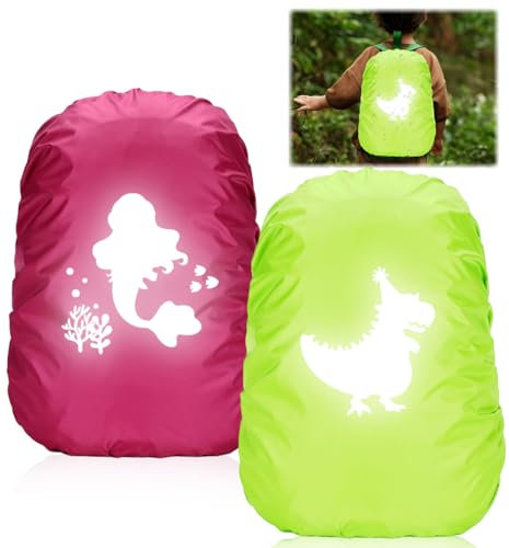 2 Stück Regenschutz Schulranzen, 35L Regenschutz Rucksack, Reflektierender Rucksacküberzug mit Dinosaurier und Meerjungfrau, Step by Step Regenschutz für Jungen Mädchen Outdoor Camping Radfahren
