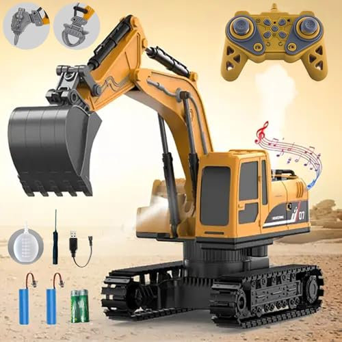 LioMaxi 1:22 Scala 11 Canali 3 in 1 Escavatore Telecomandato per Bambini,Escavatori Radiocomandato con Pala in Metallo,Escavatore Idraulico con luci e Suoni e Spray,Regali per Bambini dai 4-7Anni