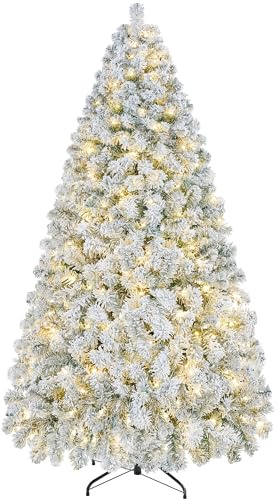 Yaheetech 213cm Künstlicher Weihnachtsbaum mit Schnee & 350 Warmweißen LED | Schneeflocken Tannenbaum, ca.1000 Spitzen, Schwer Entflammbar Christbaum, Schnellaufbau inkl. Metallständer, Weiß & Grün