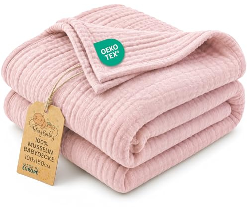 Coperta mussola neonato cotone 100 x 150 cm - Plaid garza coccola teli muslin lenzuolo bambino sottile fasciatoio trapunta leggera neonati tessuto traspirante per bimbi Oeko-Tex Rosa cipria