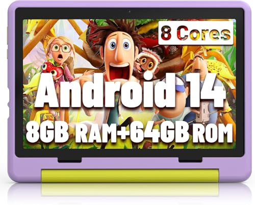 MUISOO 10 Inch Kids Tablet, Android 14 tablet for kids with Octa Core Processor, 8GB RAM 64GB ROM 1TB TF, 5000mAh Battery, WiFi, Bluetooth, Type-C, Kids Tablets with 8+5MP Dual Camera (Purple)