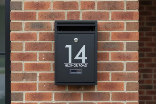 Personalised Engraved Letterbox Wall Mounted Lockable Steel Postbox – Custom House Name, Number or Address – Weatherproof Outdoor Mailbox – Black – Made in UK Housewarming Gift Design 7