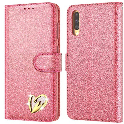 QLTYPRI Hülle für Samsung Galaxy A50, Glitzer Handyhülle PU Ledertasche TPU Etui Handschlaufe Kartenfach mit Eingelegten Liebe Herz Diamond Flip Schutzhülle für Samsung Galaxy A50 - Rosa