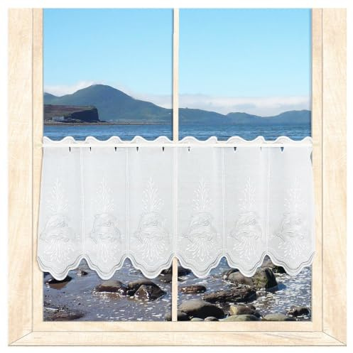 Scheibengardine Delfine Weiß-Grau | blickdichte Badgardine | HxB 40x160 cm | Maritim bestickte Kurzgardine für eine angenehme Wohnatmosphäre | Vogtländische Stickerei von atelier alles-Spitze