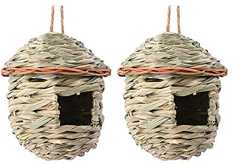 Nid Oiseau, Maison Oiseaux Exterieur Paille tissée à la Main Suspendue Maison des Oiseaux nid Birdhouse Accueil Jardin, nichoir Oiseaux Exterieur nid de Net Maison d Oiseaux nid Bois. (2 PCS)