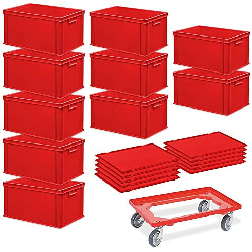 BRB 10 Euroboxen, LxBxH 600x400x320 mm + 10 Scharnierdeckel + 1 Transportroller, rot