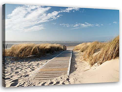 Feeby Vlies Leinwandbild Himmel Wellen Strand Meer 60x40 cm Wanddeko Design Kunstdruck Zimmerdeko Bilderwand Sand Wolken Gras Steg Beige