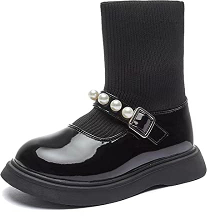 SWZEC Stivaletti Bambina Autunno Eleganti Morbidi Elastici Stivali Stretch Senza Lacci Moda Maglieria Antiscivolo Scuola Esterno Nero 35