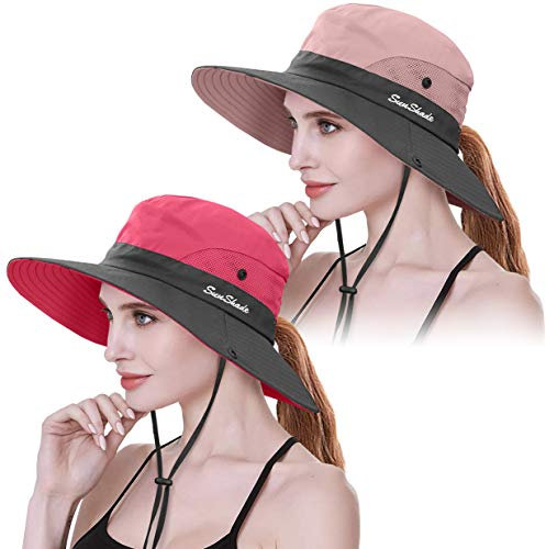 IYEBRAO 2 Stück Pferdeschwanz Sonnenhut Damen-UV Schutz Breite Krempe Sommerhut mit Nackenschnur-Sonnenschutzhut Strandhut Fischerhut Anglerhut Gartenhut Wanderhut Outdoor Hut (Hellrot+Rosa, 2 Stück)