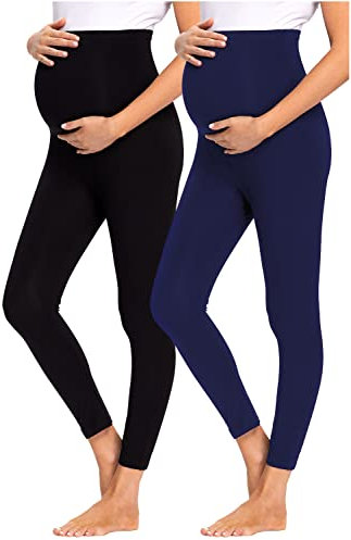 JMITHA Umstandsleggings, 2er Pack Lange Umstandshose Leggings Baumwolle Stretch Dünn Schwangerschaft Hosen Sport Leggings Damen Jogginghose Freizeithose für Schwangere (Schwarz+Blau, M)