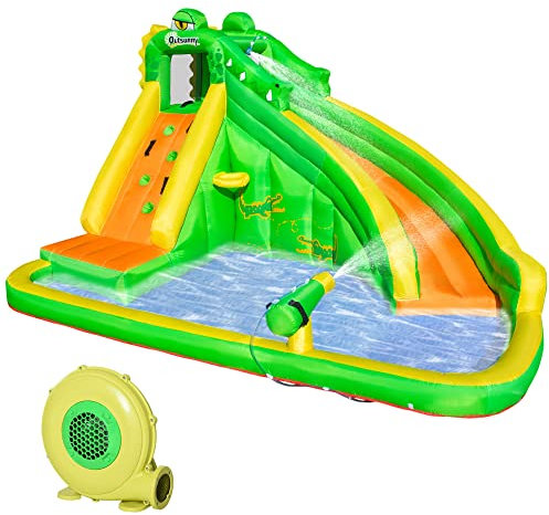 Outsunny Aufblasbare Hüpfburg mit Gebläse Wasserrutsche Spielpool Aufblasbare Wasserspielcenter mit Rutsche Wasserpark aufblasbar Planschbecken ab 3 Jahre 380 x 285 x 225 cm