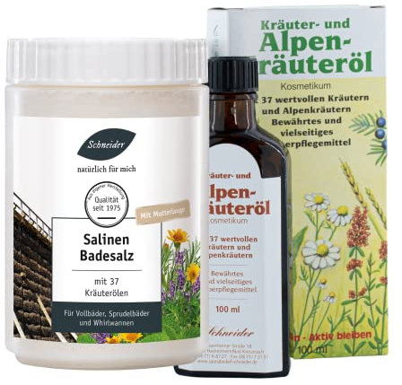 Saunabedarf Schneider – Paket Entspannung – Set aus Kräuter- und Alpenkräuteröl 37 und Salinen-Badesalz mit Mutterlauge