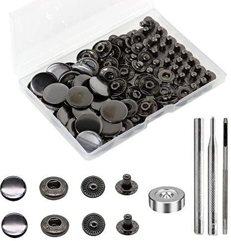 BetterJonny 24 Sets Heavy Duty Leather Snap Fasteners Kit, 17mm Metal Snap Buttons Press Studs Leather Rivets Snaps with 4 Setter Tools for Clothes Bracelet Jackets Jeans (Gun Black)