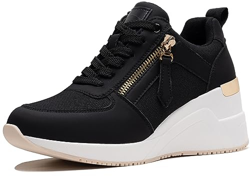 Viscozzy High Heel Wedge Sneakers for Women Platform Tennis Shoes Black