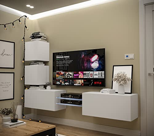 Furnitech Wohnwand Wohnzimmer | Hängend Wohnwand Modern | Wohnzimmer Schrankwand mit Regale und TV Schrank | Wohnzimmer Möbel ohne LED (AN100-21W-M3-1A)