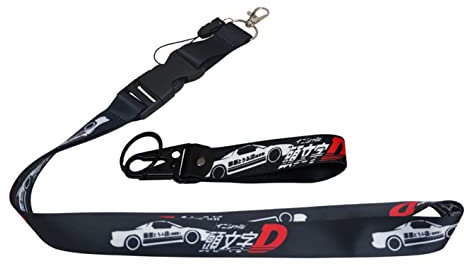 Combo 1pc Lanyard + 1pc Keychain Tag Japan Car JDM Speed Fashion Manga Street Racing Inisharu Initial D Race Driften Street Auto Parts Key Ring Accessories Motorsport Motorrad Geschenk, Schwarz, Large