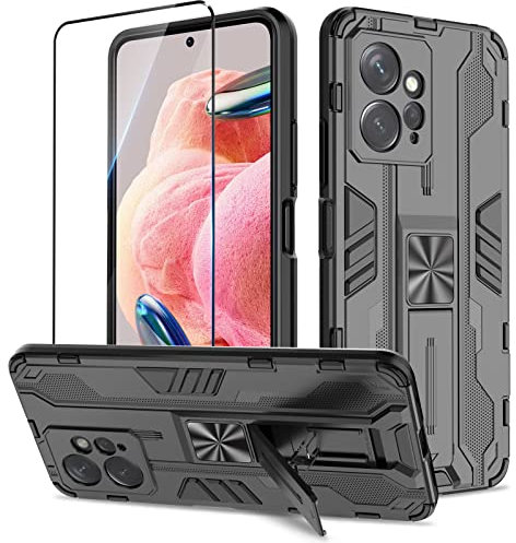 Btstring Funda para Xiaomi Redmi Note 12 4G con Cristal Templado Protector Pantalla, Carcasa Protectora Antigolpes con Soporte Reforzado- Negro