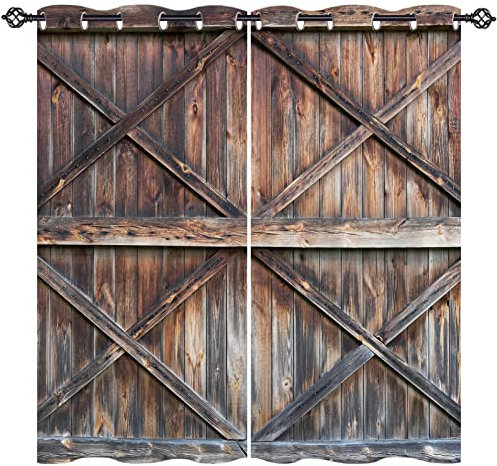 ANHOPE Wooden Barn Door Curtains Eyelet 80% Blackout Room Darkening Curtains Rustic Farmhouse Retro Gate Print Pattern Light Blocking Window Drapes for Bedroom Living Room 46 x 54 Inch Drop 2 Panels