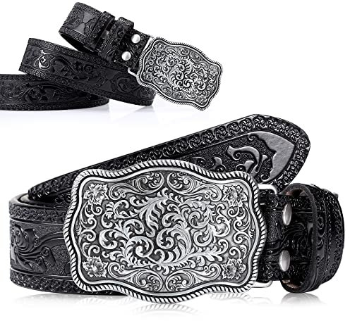 Xuniea Cowboy Western Ledergürtel für Herren Vintage Geprägt Gürtel mit Blumen Graviert Schnalle, 3,8 cm Breit (Schwarz, 110 cm)