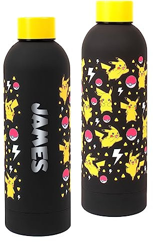 Pokemon Personalised Pikachu Children’s Stainless Steel Water Bottle - Kids School Bottle Black/Yellow