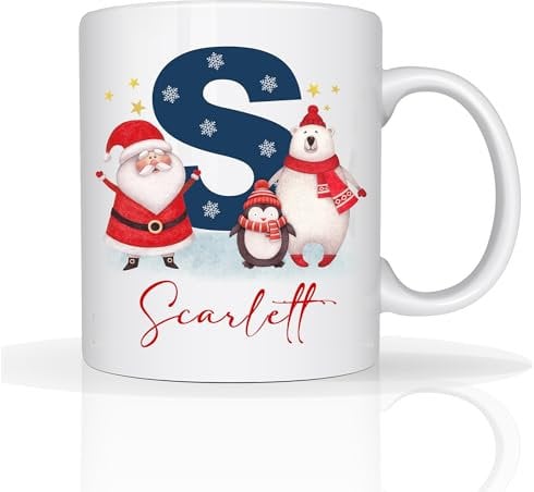 Personalised Christmas Mug with Your Name & Initial Ceramic Coffee Cup - Special Secret Santa Xmas Eve Gift - 11oz - Custom Alphabet A to Z