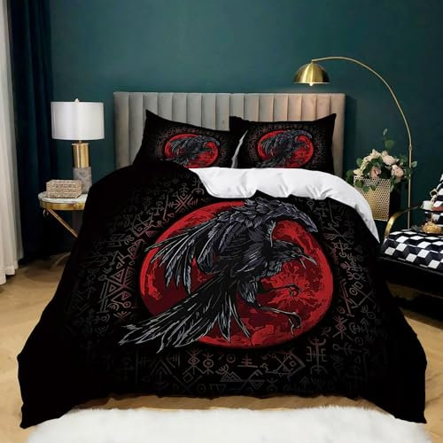 WHUOEUCO Bettwäsche Schwarzes Krähenmuster Bettbezug Set 135x200 cm Gothic Bettwäsche Set 3 Teilig Mikrofaser Bettbezüge mit Reißverschluss und 2 Kissenbezug 80x80 cm