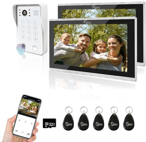 4 fili Videocitofono con cavo, touchscreen da 10 pollici con sistema di campanelli a 1080P con cavo, supporto di impronte digitali, scheda RFID e sblocco con password, funziona con l'app TUYA, bianco