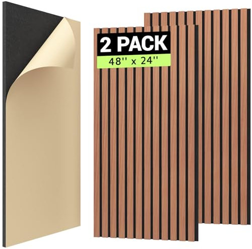 TONOR 2 PCS Wood Slat Panels, 48x24 Adhesive Acoustic Panels for Wall, Decorative 3D Fluted Panels for Sound Absorbing, Soundproof Panels with Wood Finish for Living Room, Rosewood Orange