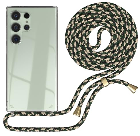 EAZY CASE - Handykette kompatibel mit Samsung Galaxy S24 Ultra Kette zum Umhängen für Galaxy S24 Ultra Hülle mit Band aus Silikon stoßfeste transparente Handyhülle als Fallschutz in Grün Camouflage