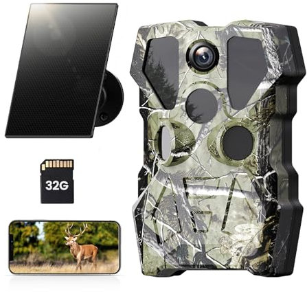 XTU Fototrappola Solare - 64MP 2.7K WiFi Bluetooth Fotocamera Caccia Con Eccellente Visione Notturna,Batteria ricaricabile da 5600 mAh IP66 Impermeabile, Micro SD da 32 Velocità di Trigger 0.2S