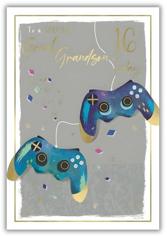 Geburtstagskarte zum 16. Geburtstag des Urenkels – Alter 16 – modernes Gaming-Design – spezielle Oberflächen und illustriertes Blatt – hergestellt in Großbritannien