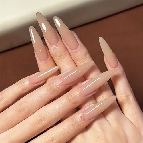 NICENEEDED 24 Pcs Long Stiletto Press on Nails, Oval Nude False Nails, Almond Fake Nails Glossy Glue on Nails Manicure Acrylic Nails for Women Halloween