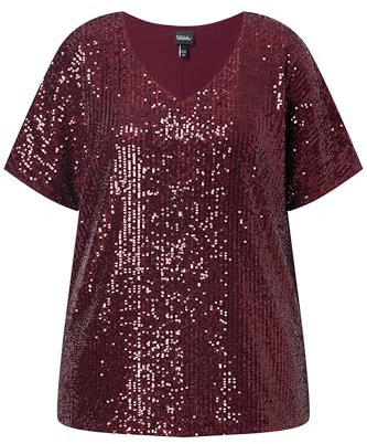 Ulla Popken Damen große Größen Übergrößen Plus Size Pailletten-Shirt, Oversized, V-Ausschnitt, Halbarm