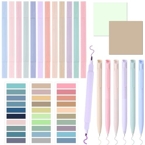 Vyuwast 12 Textmarker Pastell,6 Aesthetic Gelstift,700 Blätter Transparente Haftnotizen,Stifte Set Pastell Highlighter Pen für Schulsachen,Bürobedarf,Annotating Tabs School Stuff