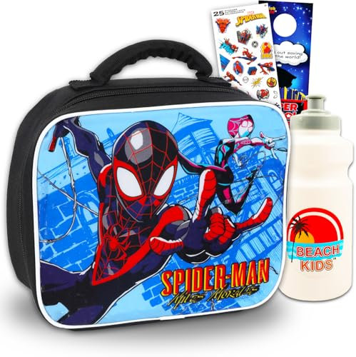 Miles Morales - Juego de lonchera para niños, paquete de suministros escolares Miles Morales con bolsa de almuerzo aislada de Spiderman Miles Morales más calcomanías, botella de agua, colgador de