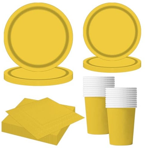 MORAINJAY Set di 68 Pezzi di Stoviglie Giallo per Feste, Piatti di Carta, Bicchieri, Tovaglioli, Stoviglie per Compleanni, Matrimoni, Baby Shower, Lauree, Anniversari, Set per 16 Ospiti
