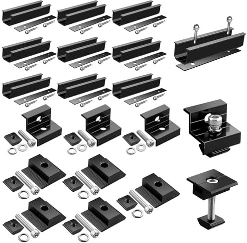 GETLITOOL Solarmodul Halterung, PV Halterung Montageset zur Montage 4 Module-12cm Alu Schiene, Verstellbare Klemme für 30-35MM Module, Solarpanel Halterung Flachdach Trapezblech Ziegeldach| Schwarz
