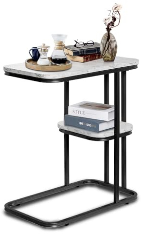 KEBMCHN Beistelltisch 2 Ebenen Kleiner Couchtisch, Schwarz, 50 * 30 * 58 cm | Marmorähnlicher Tisch, Couchtisch mit Stauraum, Einfach zu montieren, Wohnzimmer Tisch für Couch, Sofatisch, Nachttische