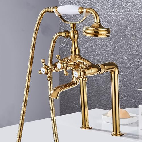 ZYCDP Wasserhahn Badewanne mit Handbrause Duscharmatur 2 Griffe, Badewannenarmatur 2 Loch Messing Gold