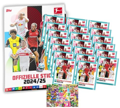 Bundle mit Topps Bundesliga Sticker 2025 - Fußball Sammelsticker - 1 Album + 20 Tüten + Exklusive Geburtstagskarte