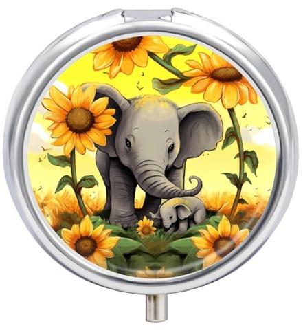 Pillendose Mutter und Baby, Elefant, Sonnenblumen, rund, Metall, Pillendose mit 3 Fächern, tragbar, Mini-Medikamenten-Halter, Reise-Medizin, Tablette, Vitaminhalter, Organizer