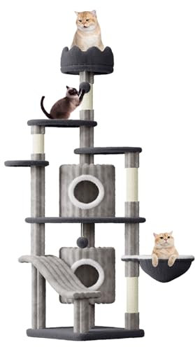 Dogat 64-Inch (162 cm) Cat Tree Tower with 5 Natural Sisal Cat Scratching Post, 2 Soft Condos, Basket and Perches, 2 Dangling Balls for Indoor Kittens, Grey