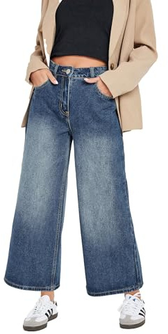 PixieGirl Petite Mid Blue Washed Cropped Cotton Wide Leg Jean Petite