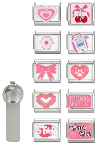 papasgix Italian Charm Bracelet Charms Set Silver Gold Italian Modular Bracelets for Women Men 11pcs Italian Charms Bulk Stainless Steel 9mm Women's Charm (Silver-Pink)