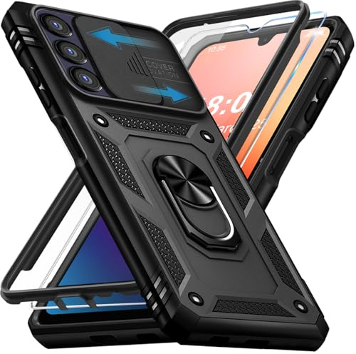 Giyer Cover per Samsung Galaxy A15 5G Custodia con Vetro Temperato, Antiurto Grado Militare 360° Anello Supporto Armor Bumper Case, Antiurto per Samsung A15 5G Cover (Nero)