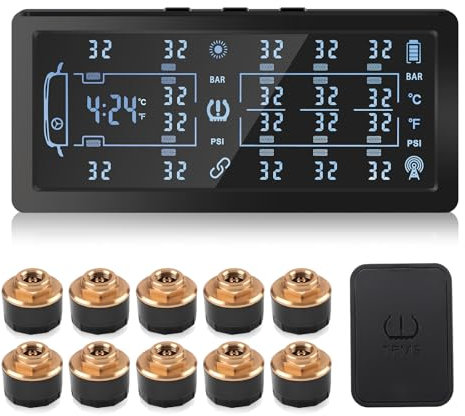 KAOLALI Système de contrôle de la Pression des pneus pour remorques, avec 10 capteurs, 6 Modes d'alarme, écran Couleur 7 Pouces, avec amplificateur de Signal TPMS pour remorques, camions (0-188PSI)